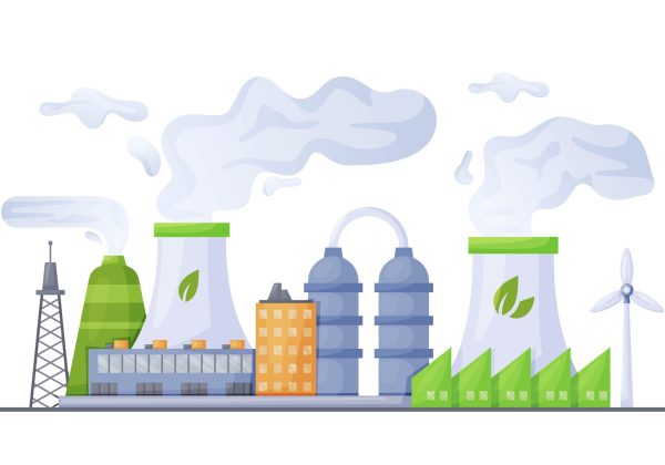 An energy-saving system surrounded by beautiful nature on a white background. Vector illustration of modern industrial applications